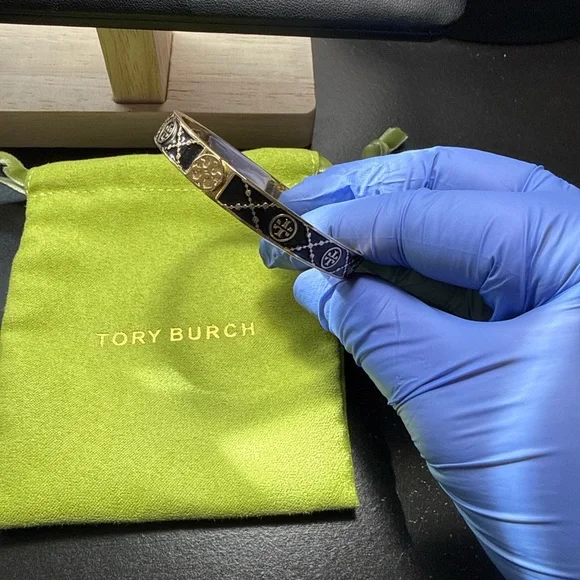 Tory Burch Black Enamel & Gold Logo Hinged Bangle - Picture 2 of 4